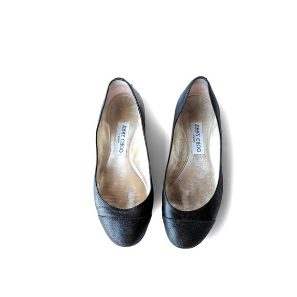 JIMMY CHOO Shoes Ballet Flats Womens Size 6 Wide Black Shimmer Cap Toe - Picture 1 of 12